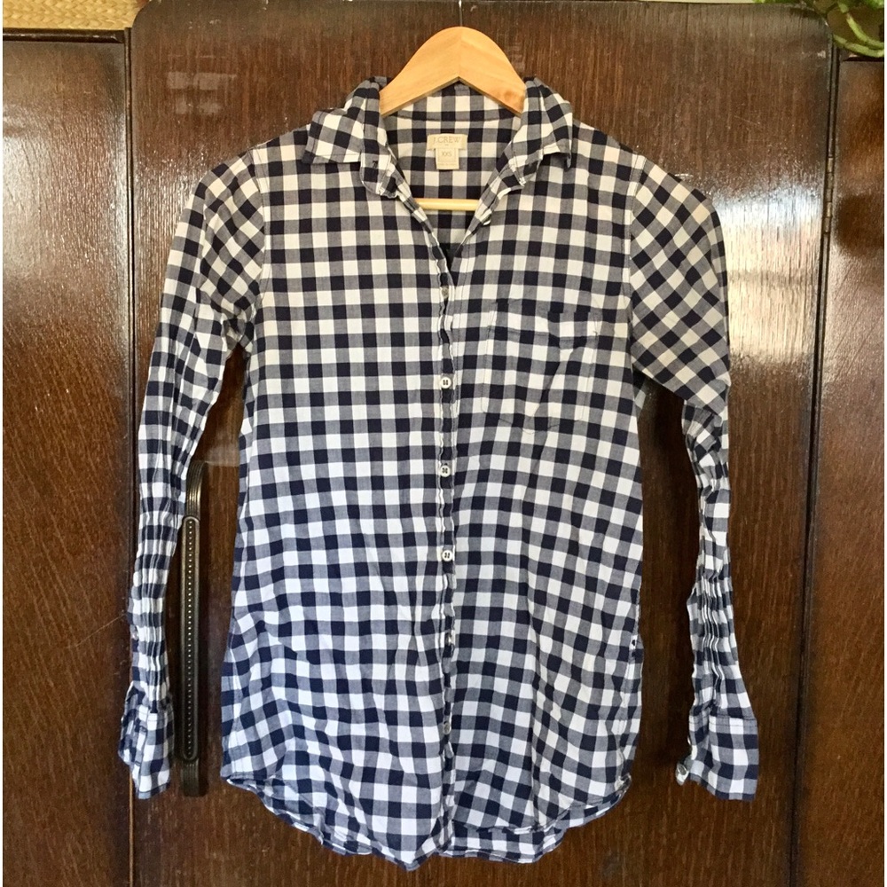 J. Crew Navy and White Gingham Button Up Shirt